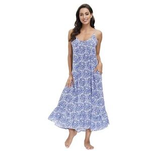 Buenos Ninos Blue & White Patterned Maxi Dress with Pockets Medium Like New